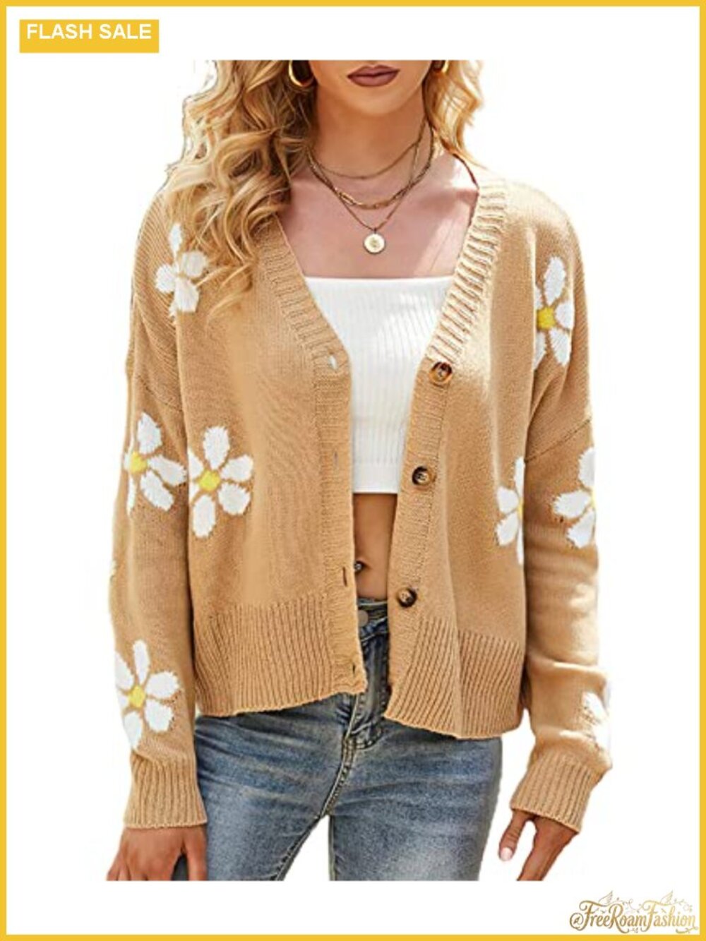 Ribbed Knit Cardigan Slouchy Daisy Smile Button-Up Jacquard Sweater Coat
